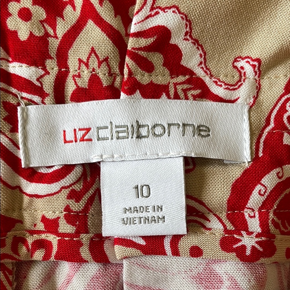 LIZ CLAIBORNE Skirt Red & Tan Paisley Paper Bag Waist Attached Belt Rayon - Picture 9 of 11
